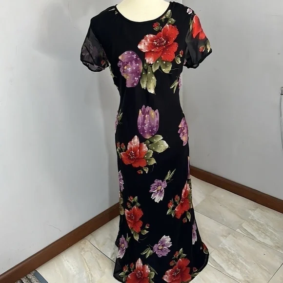 Vintage Floral Maxi Dress Whimsigoth Flowy Evening Gown Cocktail Bloomcore Party - Picture 6 of 16